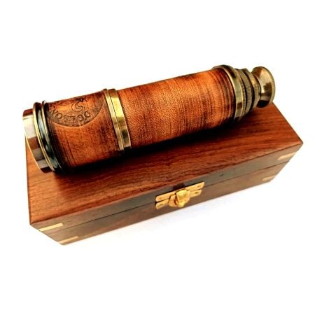 Handcrafted Brass Telescope Wooden Box Leather Grip